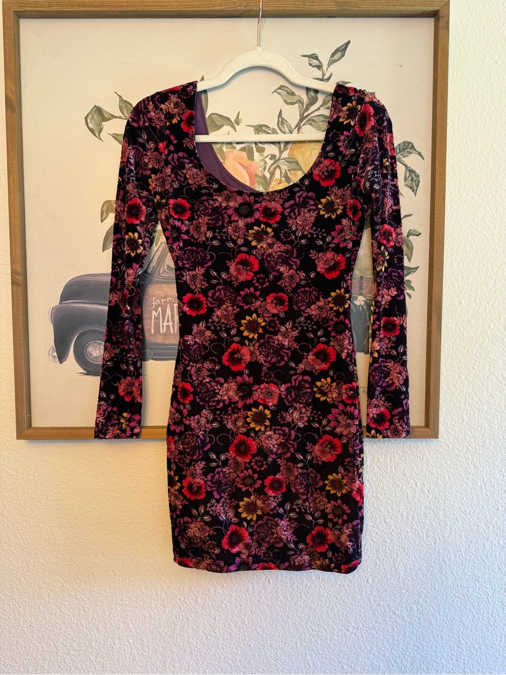 Vtg 90s Y2K Floral Velvet Long Sleeve Bodycon Dress - Black w Pink & Red Flowers